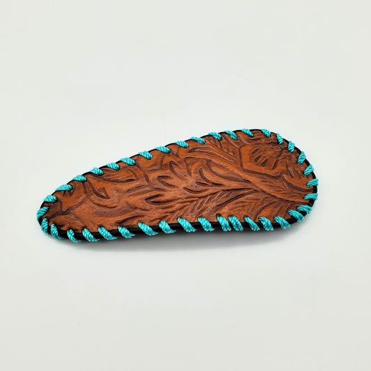 Turquoise & Tooled Leather Brooch